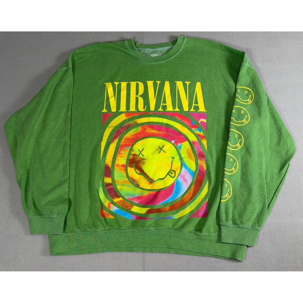 Y2K Nirvana Smiley Face Tie Dye Graphic Sweatshirt Green Crewneck Mens grunge‎